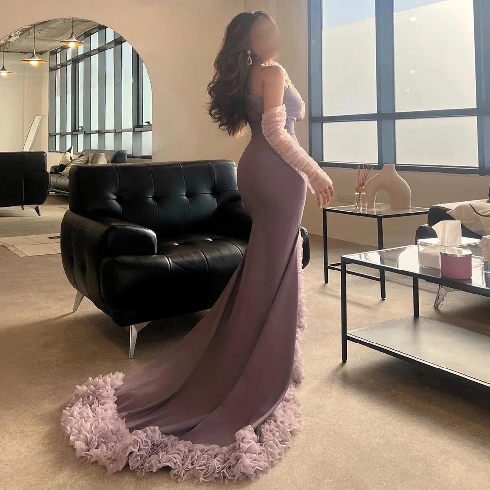 Lilac Ruffles Strapless Mermaid Evening Dress with Sleeves SF004