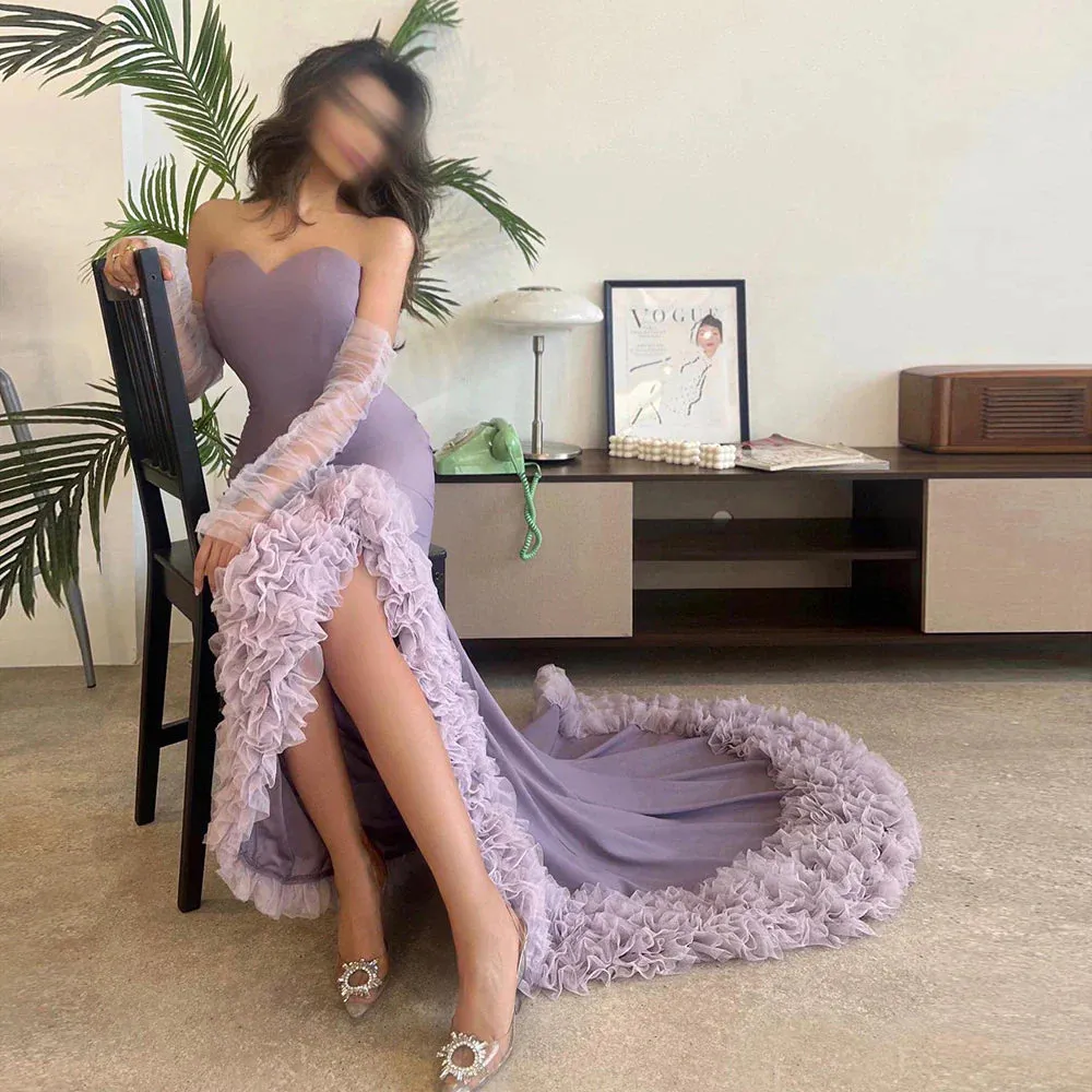 Lilac Ruffles Strapless Mermaid Evening Dress with Sleeves SF004
