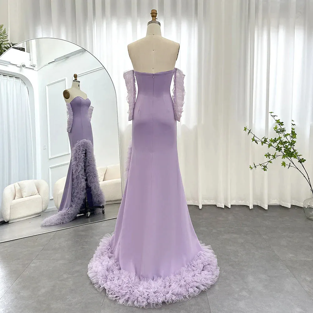 Lilac Ruffles Strapless Mermaid Evening Dress with Sleeves SF004