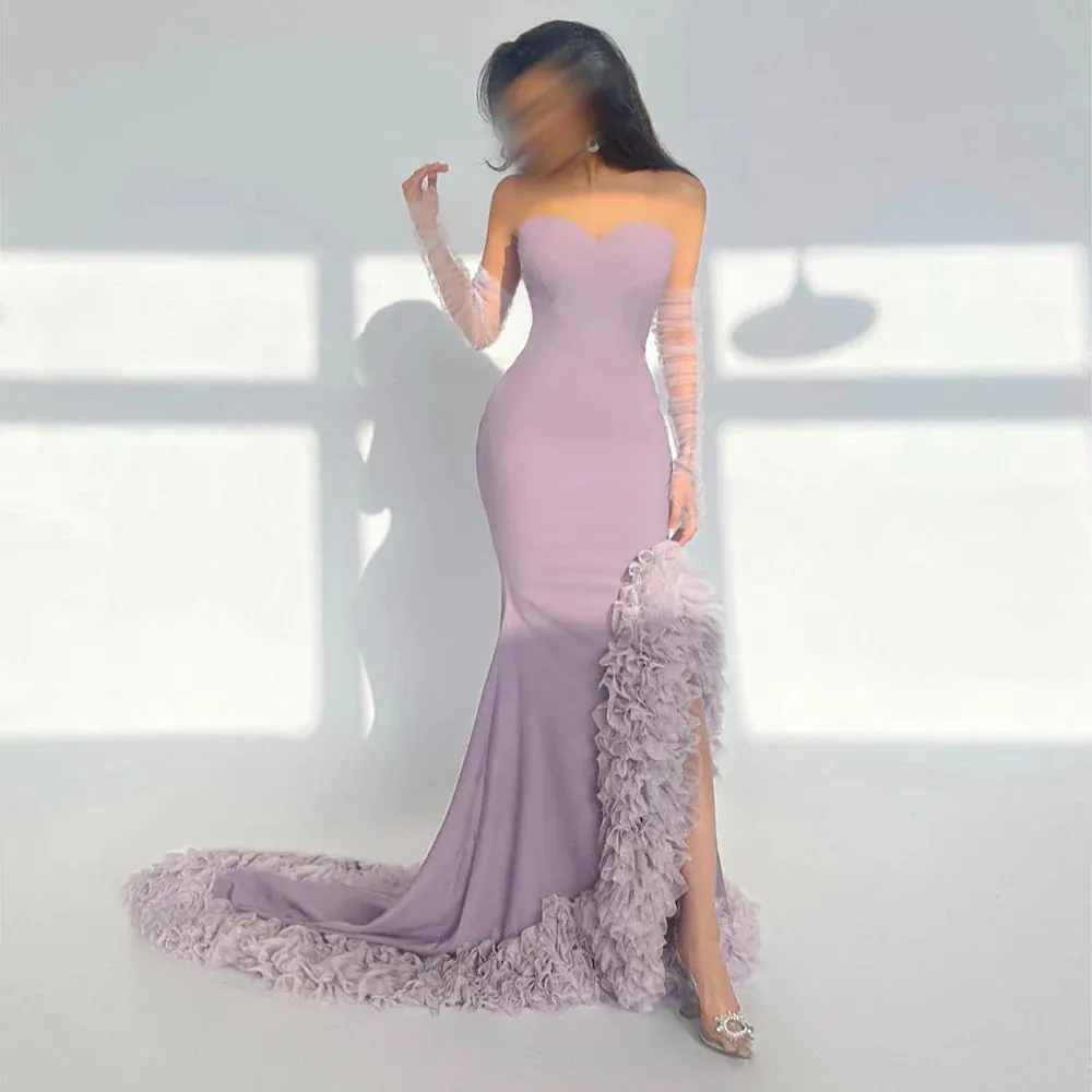 Lilac Ruffles Strapless Mermaid Evening Dress with Sleeves SF004