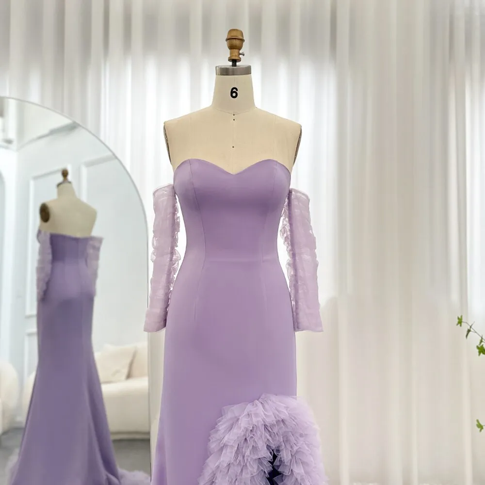 Lilac Ruffles Strapless Mermaid Evening Dress with Sleeves SF004