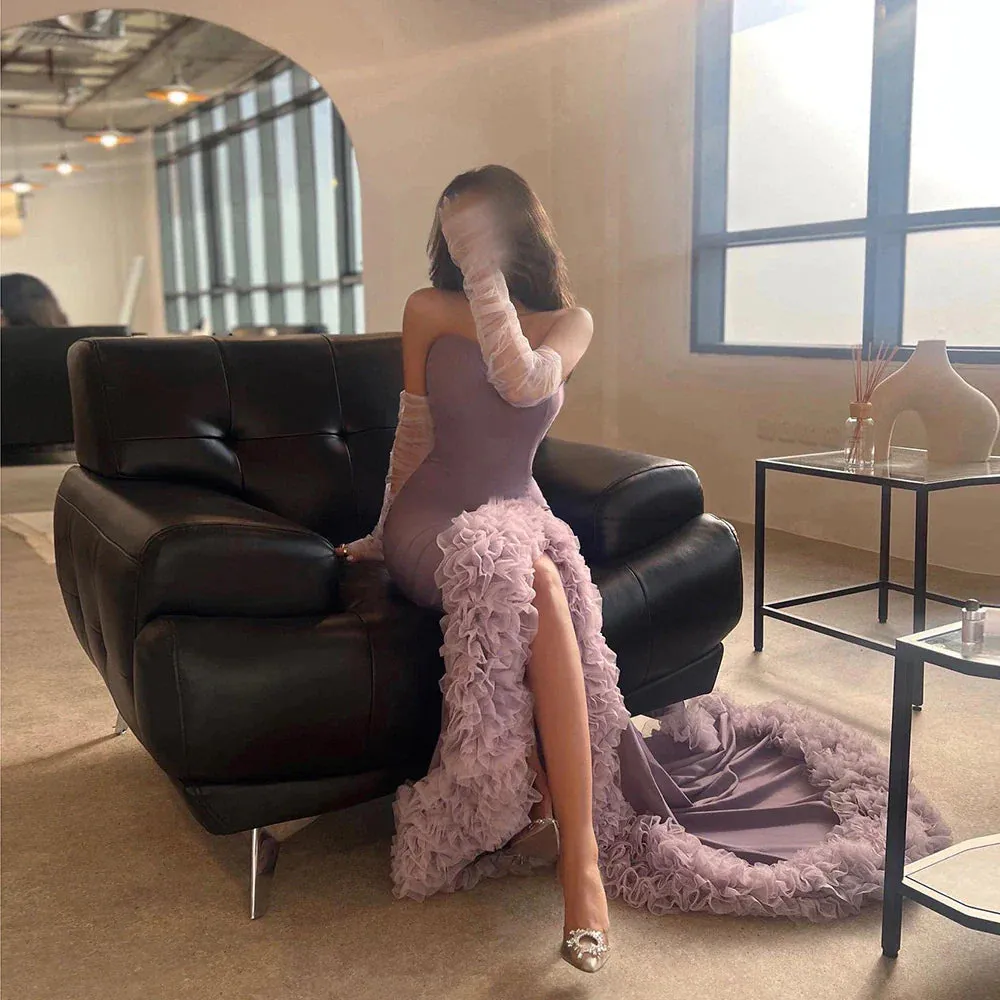 Lilac Ruffles Strapless Mermaid Evening Dress with Sleeves SF004