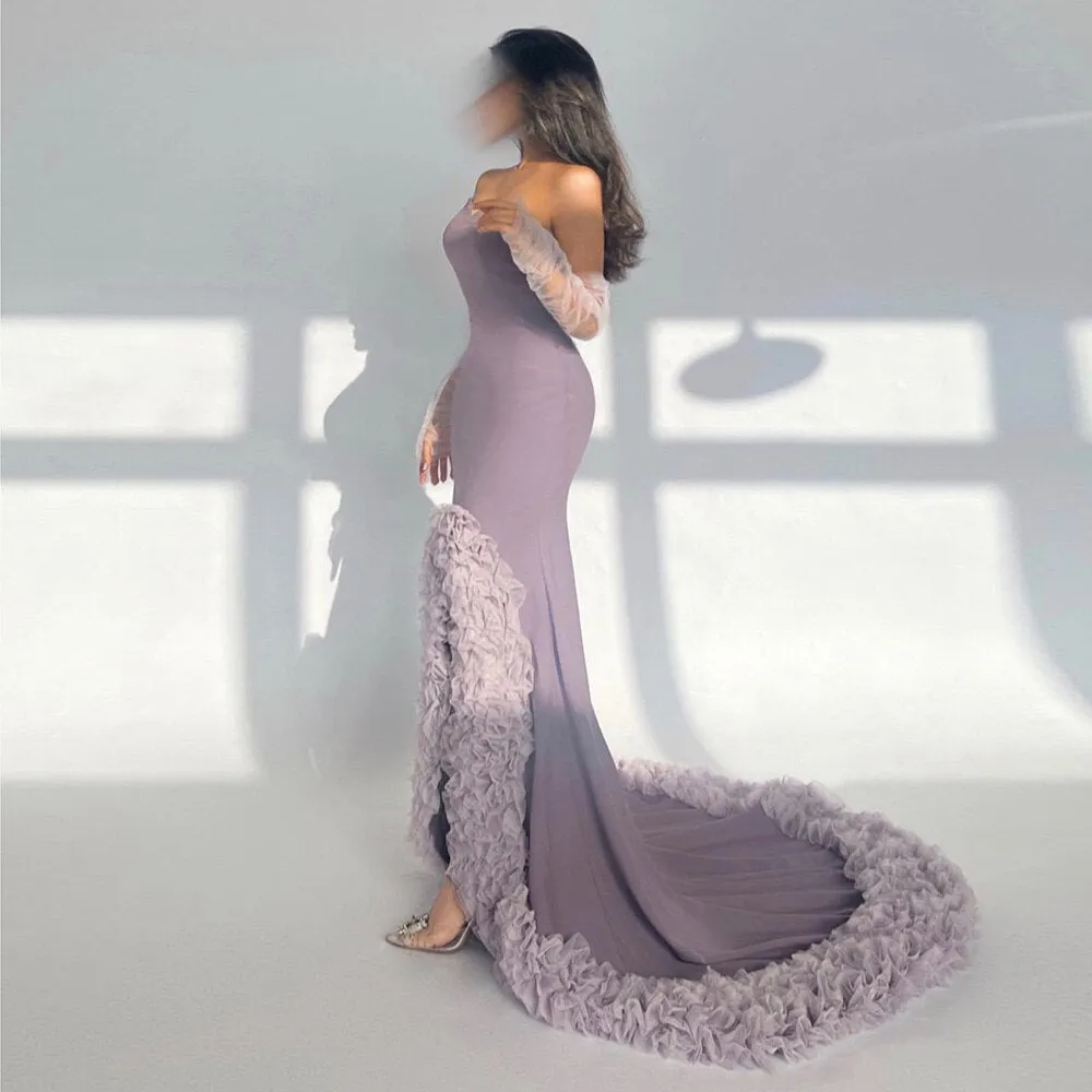 Lilac Ruffles Strapless Mermaid Evening Dress with Sleeves SF004