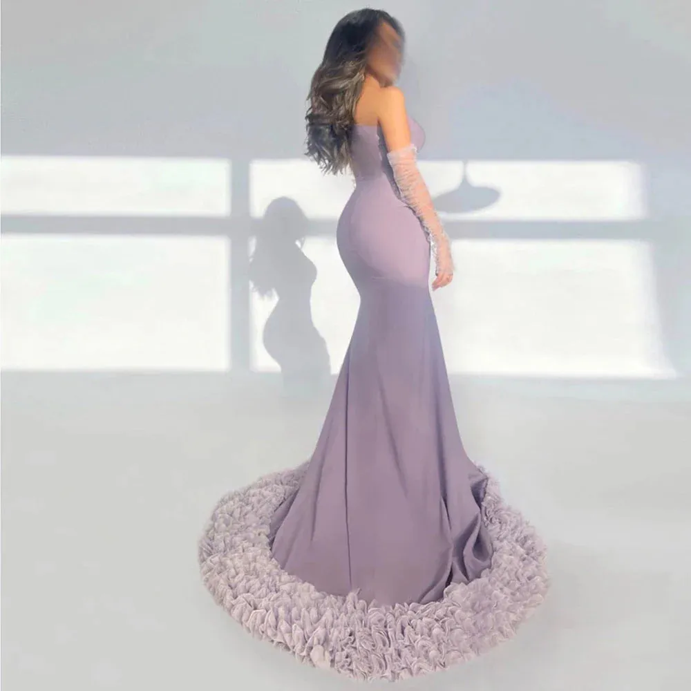 Lilac Ruffles Strapless Mermaid Evening Dress with Sleeves SF004