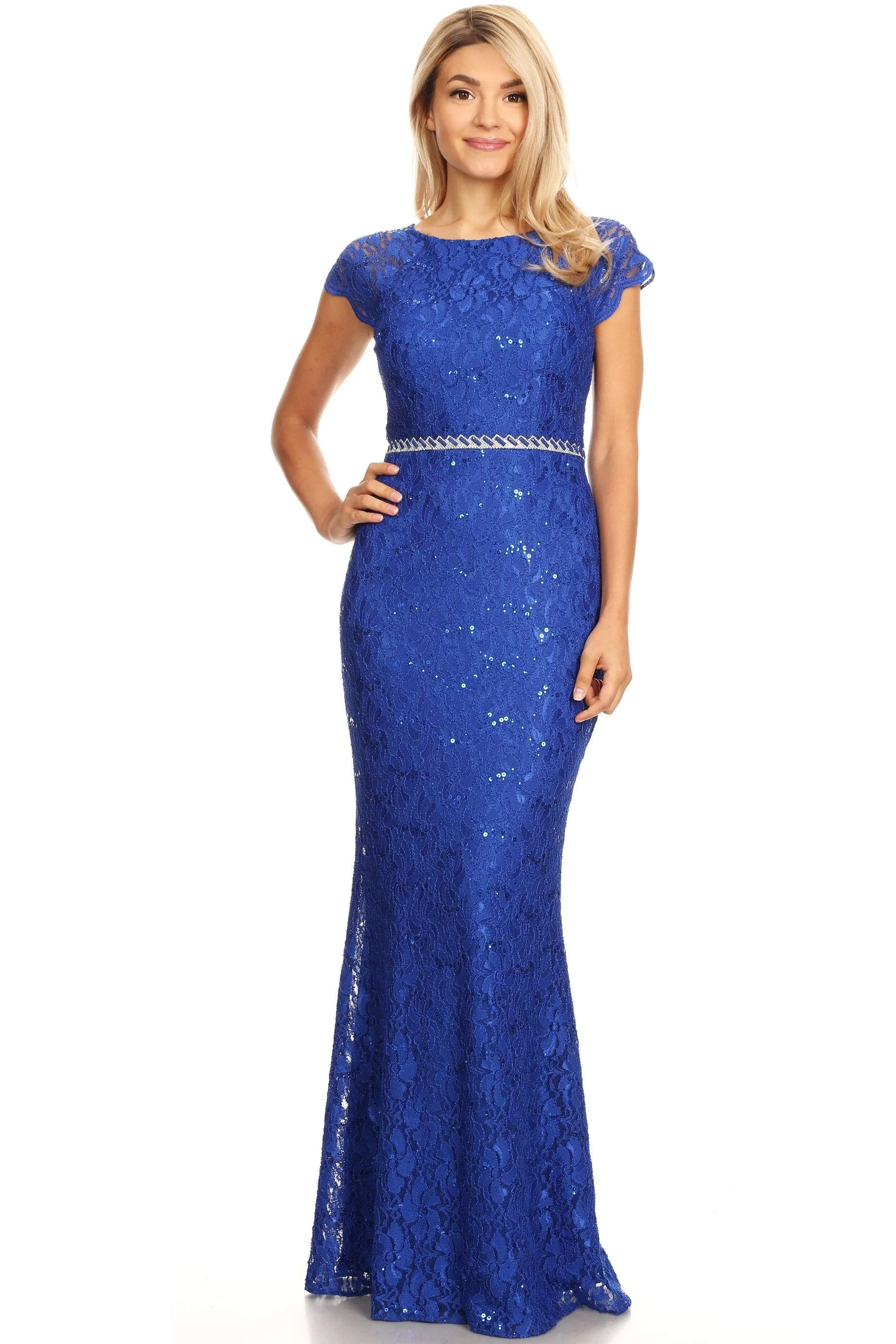 Long Lace Mermaid Dress with Cap Sleeves by Celavie 6372