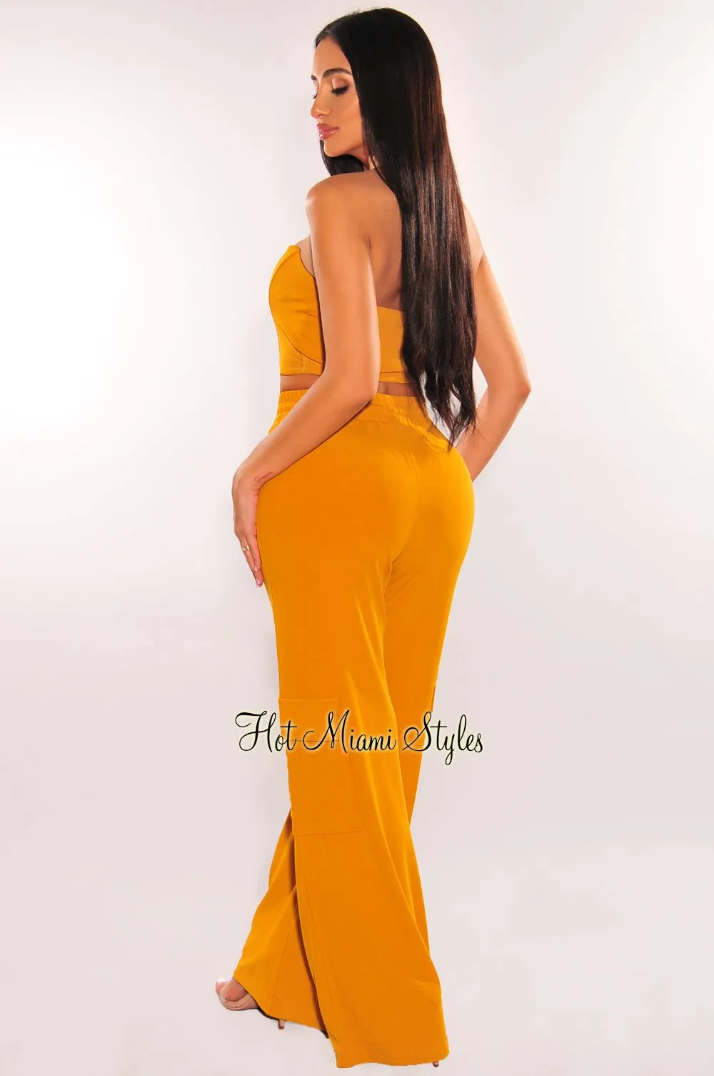 Mustard Ribbed Strapless Boned Corset Wide Leg Cargo Pant Two Piece Set
