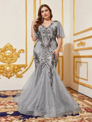 Plus Butterfly Sleeves Mermaid Hem Graphic Sequin Formal Dress