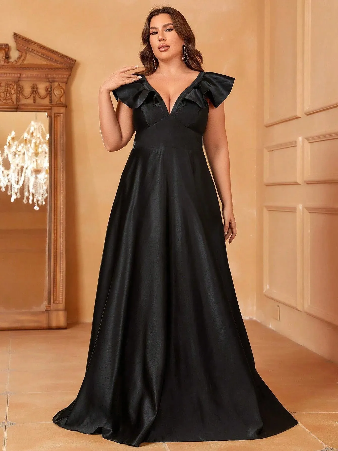 Plus Ruffle Trim Deep V Neck Satin Formal Dress