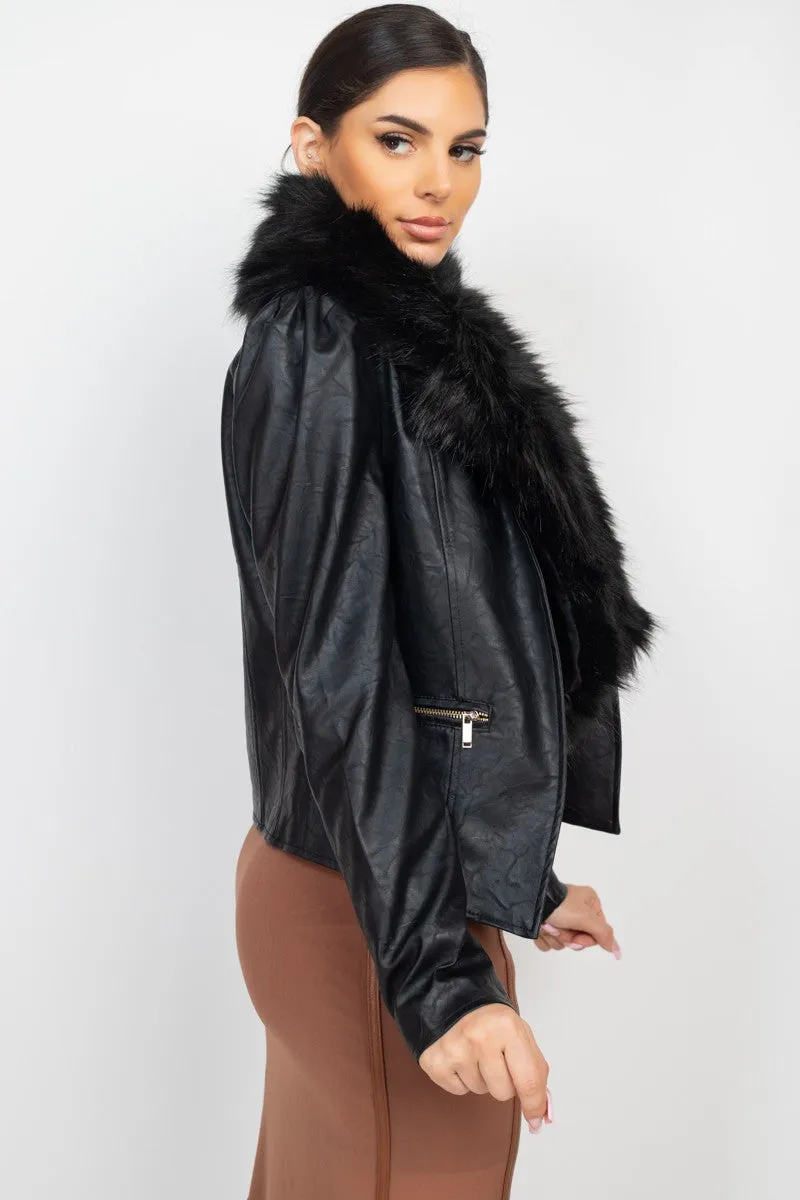 SHE WANTS SHE GETS Faux Fur Neck w/ Moto Jacket