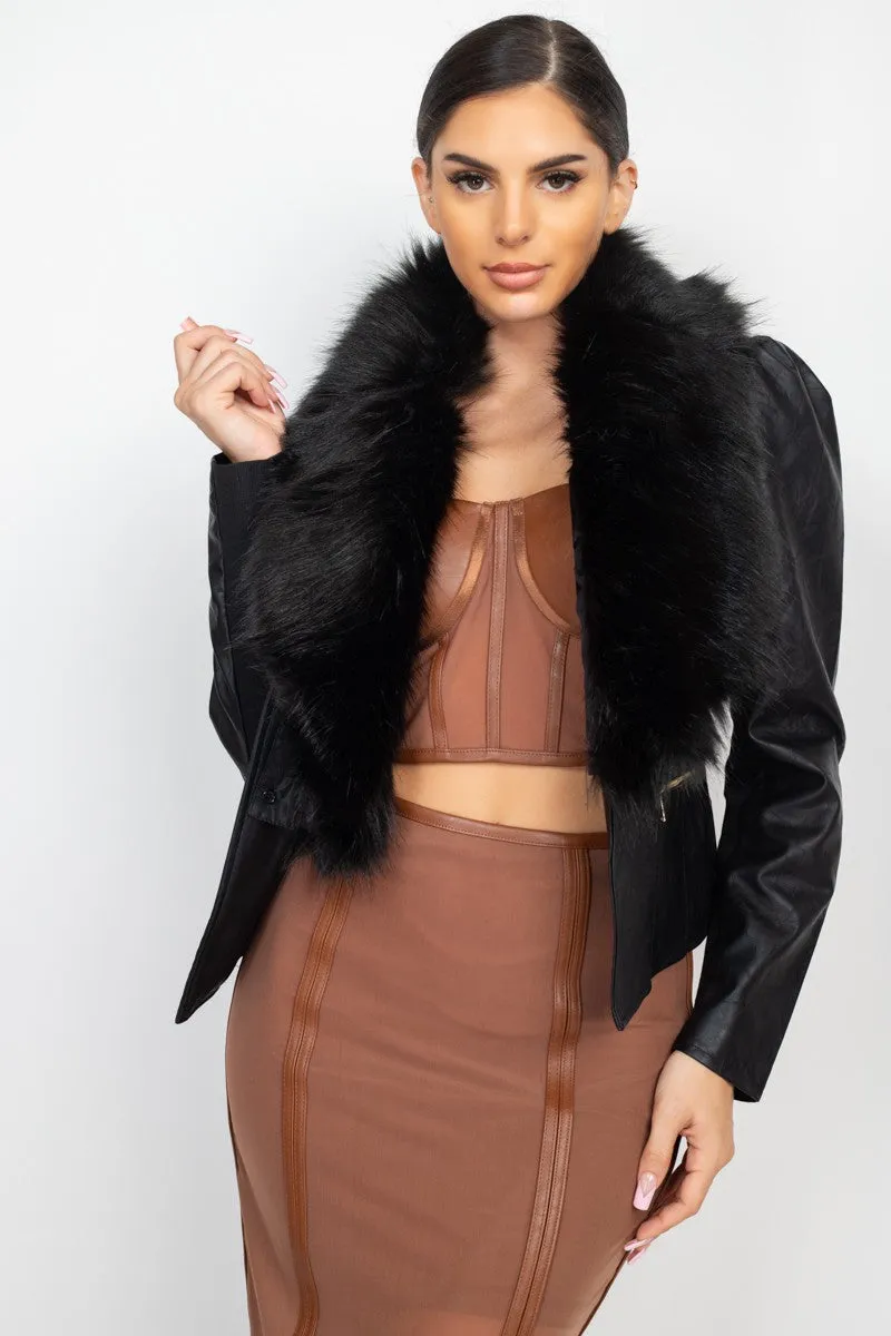 SHE WANTS SHE GETS Faux Fur Neck w/ Moto Jacket