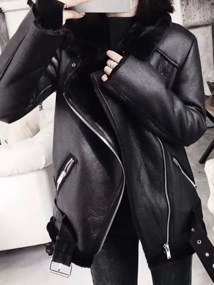 Thick Faux Leather Furry Jacket