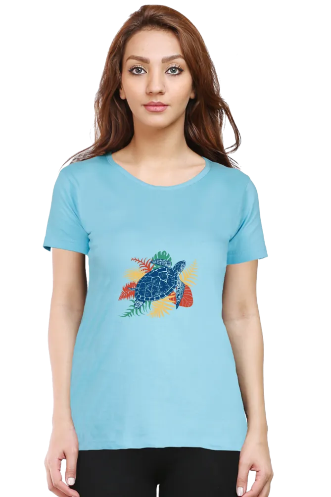 Tropical Sea Turtle Printed Scoop Neck T-shirt for women