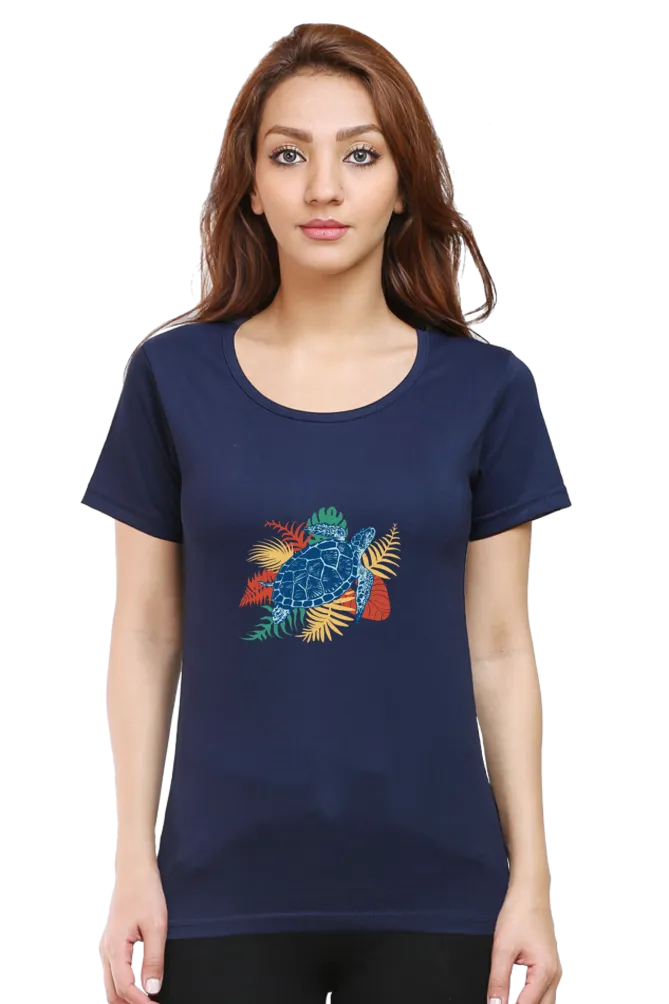 Tropical Sea Turtle Printed Scoop Neck T-shirt for women