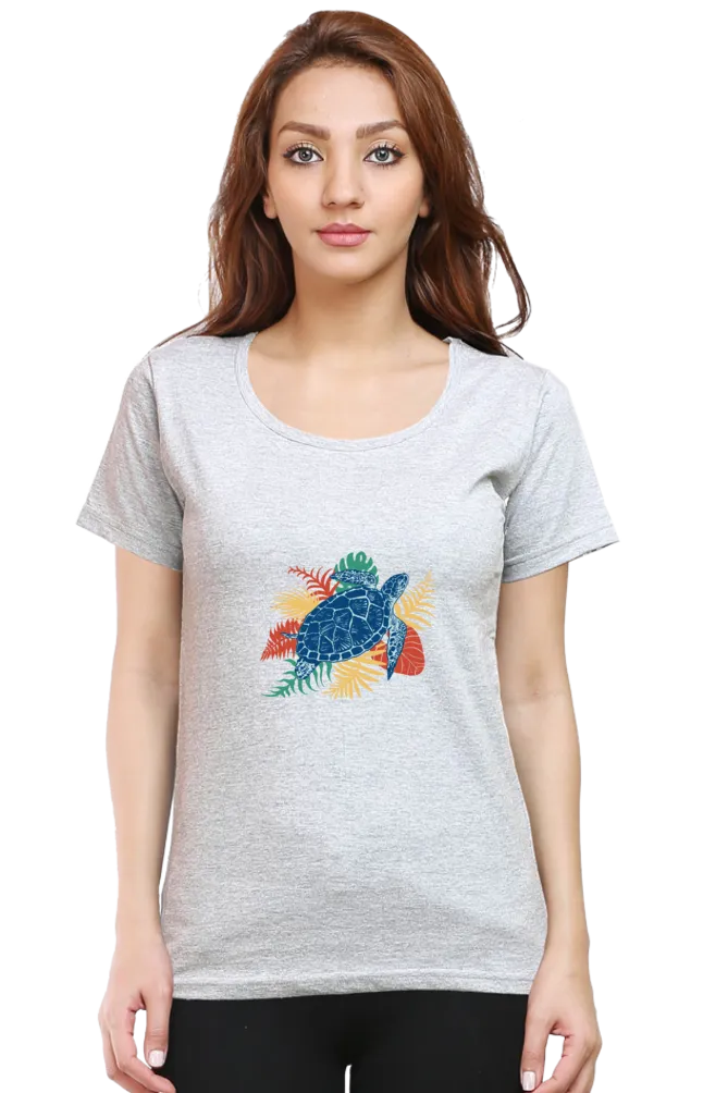 Tropical Sea Turtle Printed Scoop Neck T-shirt for women