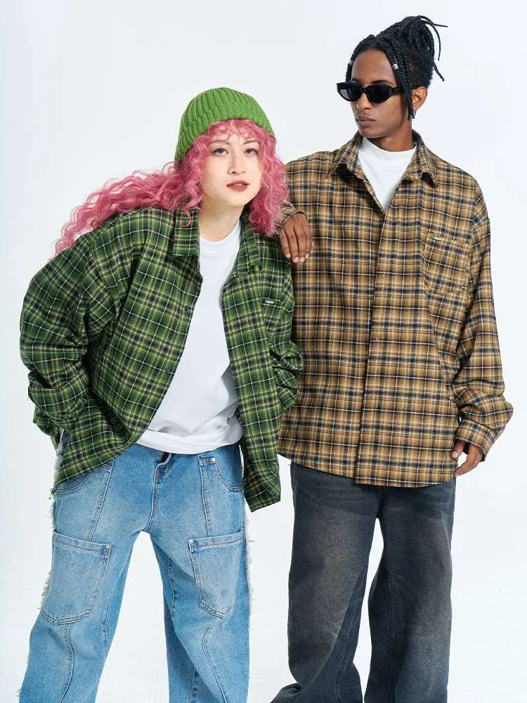 Unisex Retro Plaid Long Sleeve Button Up Shirt