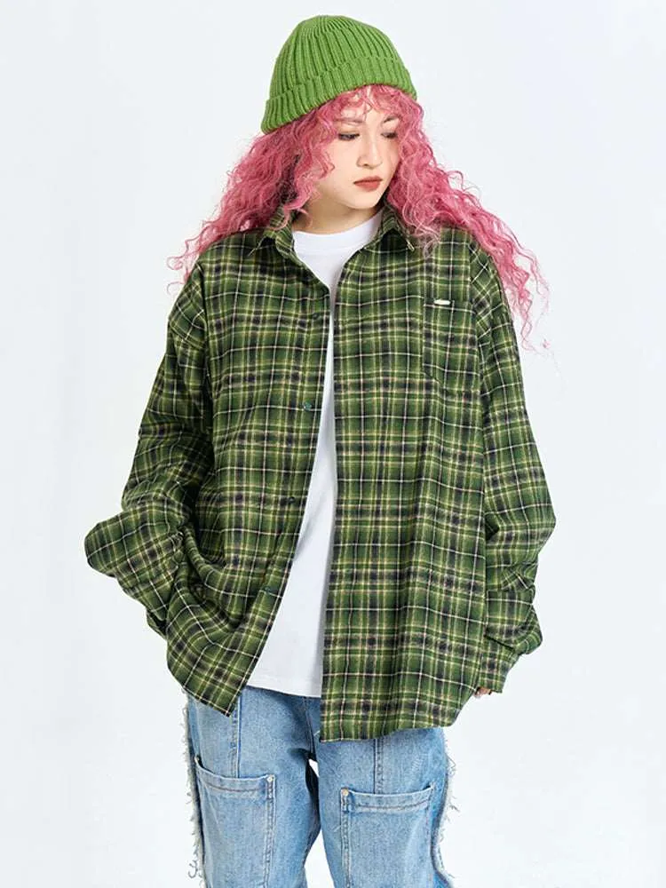 Unisex Retro Plaid Long Sleeve Button Up Shirt
