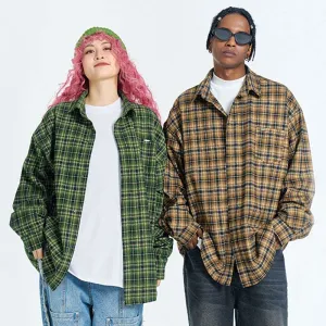 Unisex Retro Plaid Long Sleeve Button Up Shirt