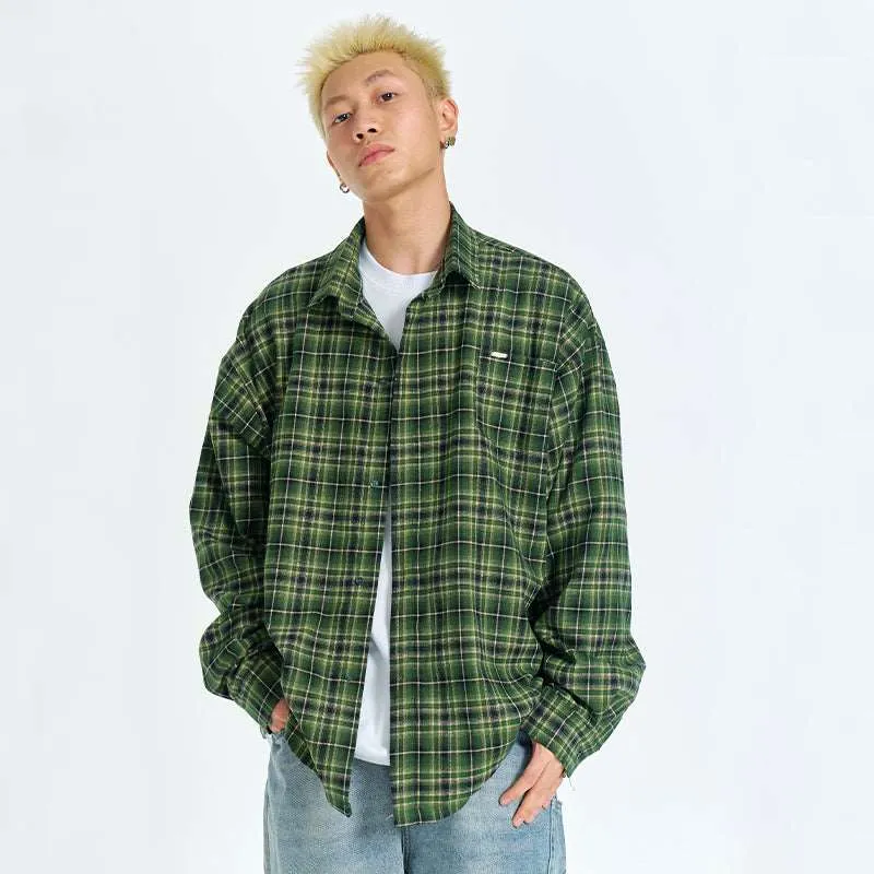 Unisex Retro Plaid Long Sleeve Button Up Shirt