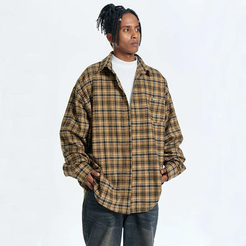 Unisex Retro Plaid Long Sleeve Button Up Shirt