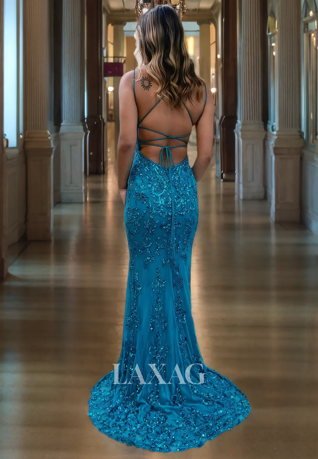 V-Neck Spaghetti Straps Trumpet&Mermaid Sequin Satin Long Formal Party Prom Dress