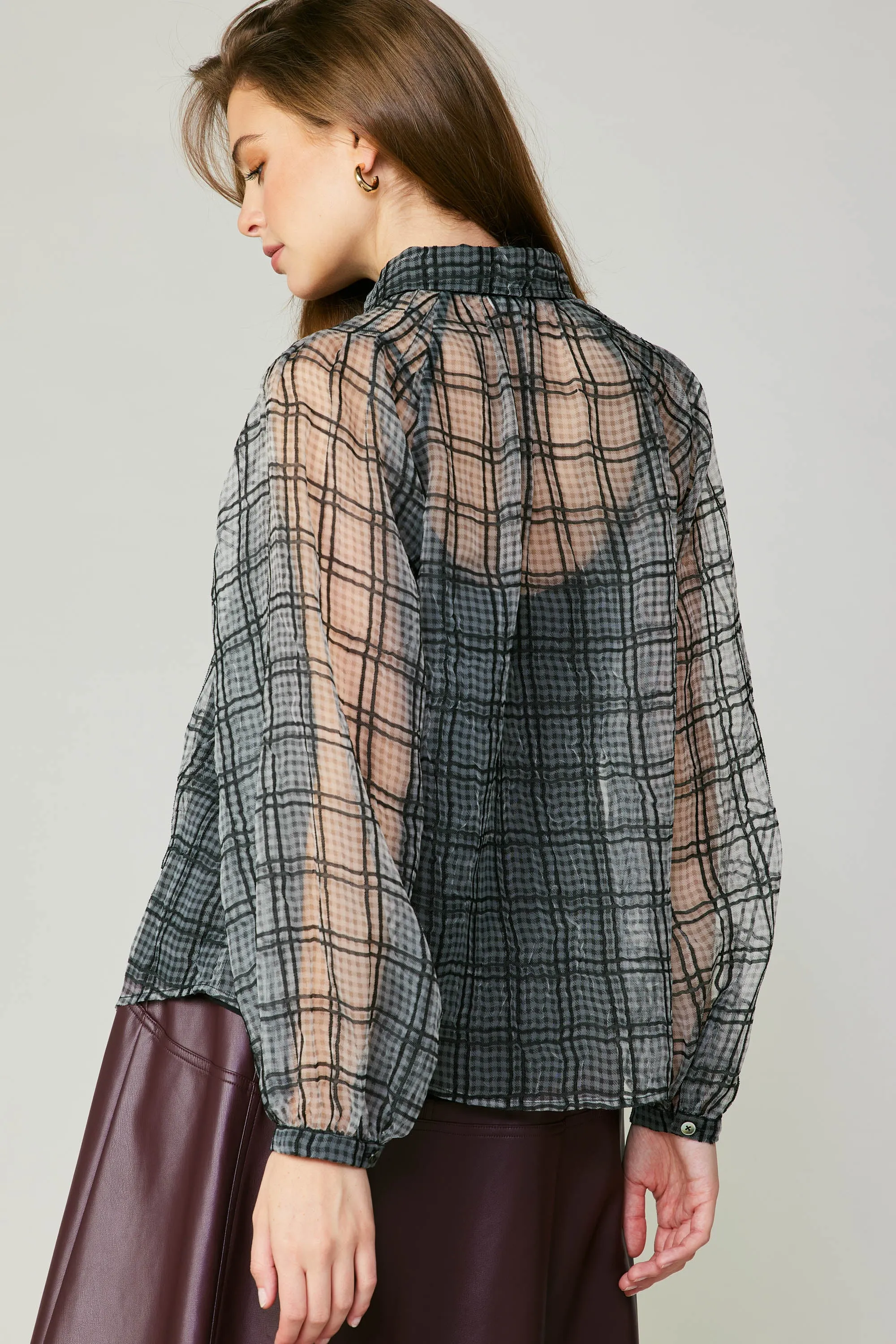 Windowpane Plaid Sheer Blouse