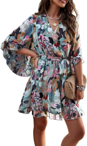 Women Casual Loose Vintage Bohemian Floral V-Neck Half Sleeve Summer Beach Swing Dress